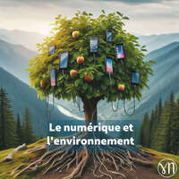 Le visuel du podcast Numérique et environnement : un arbre sur lequel pousse des smartphones.