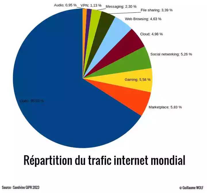 Répartition du trafic internet : 66% pour la vidéo et seulement 2,3% pour les messages.