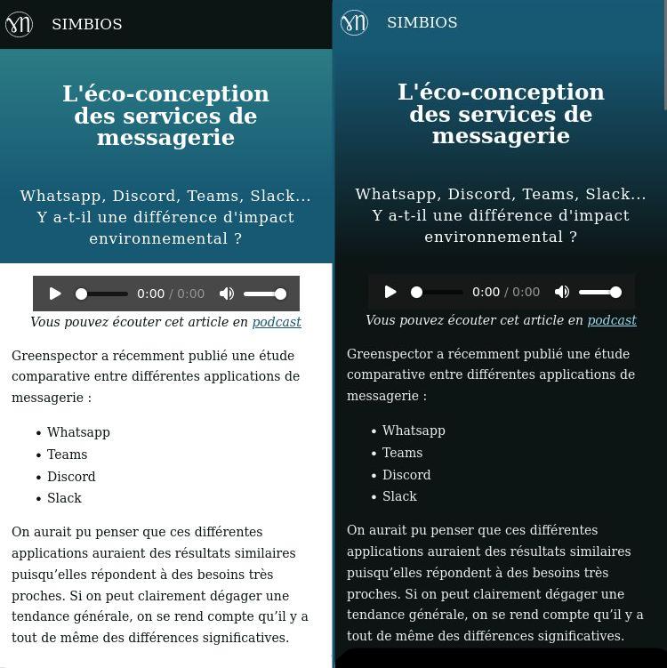 La différence visuelle entre le mode sombre et le mode clair sur le site Simbios