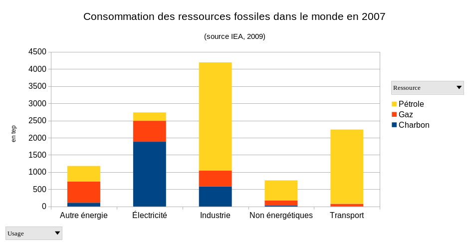Les ressources fossiles servent majoritairement pour produire de l'énergie, notamment pour l'industrie, pour produire de l'électricité et pour le transport.